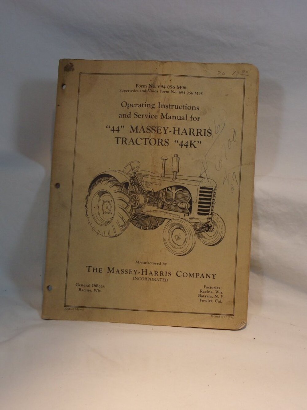 VINTAGE 44 MASSEY HARRIS TRACTOR OPERATING INSTRUCTIONS AND SERVICE MANUAL
